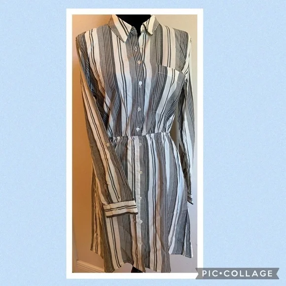 PINK ROSE black natural long sleeve shirtdress summer neutral pinstripe - Picture 3 of 13